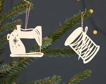 Sewing Machine and Thread Wooden Holiday Christmas Ornaments- Lasercut Birch Wood (set of 2)