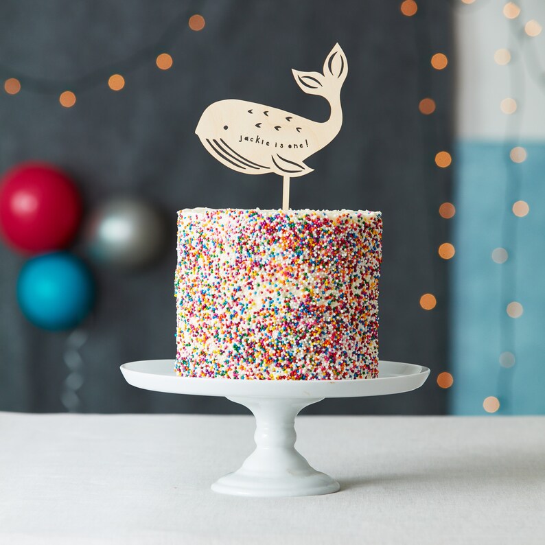 Custom Lasercut Wood Whale Baby Birthday Cake Topper image 1