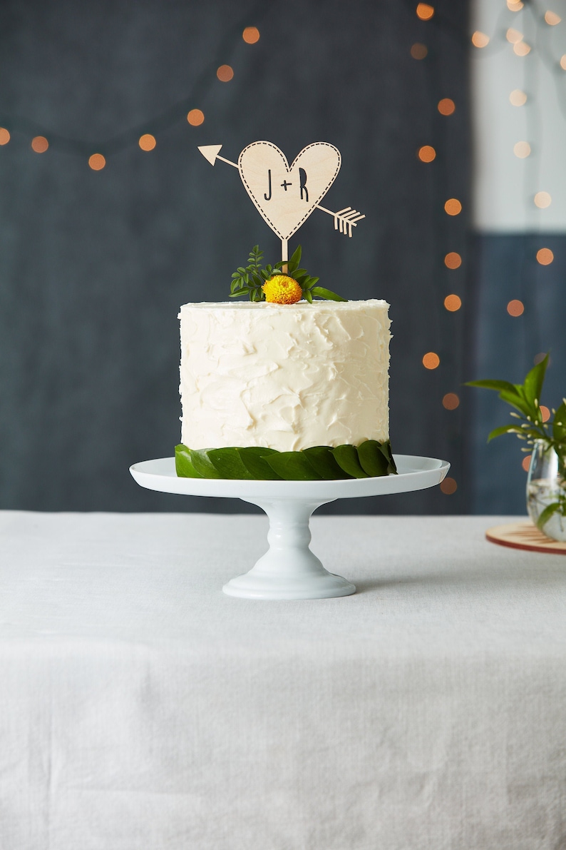 Custom Initials Wedding Cake Topper Personalized Wooden Cake Topper Initials Rustic Heart with Arrow Wedding Cake Topper image 1