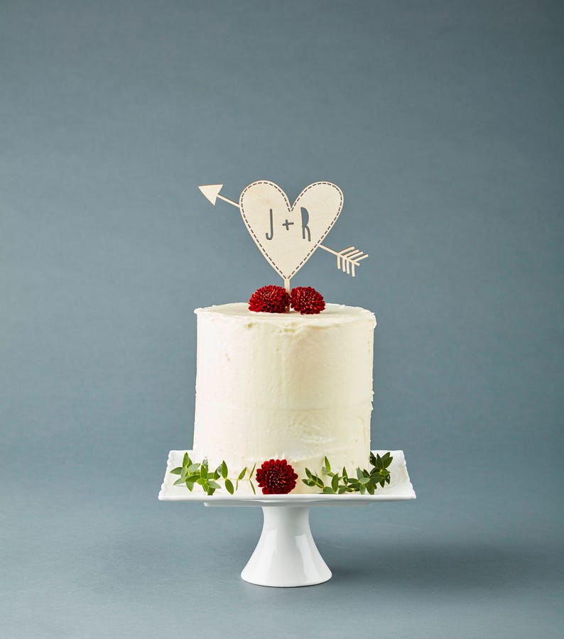 Custom Initials Wedding Cake Topper Personalized Wooden Cake Topper Initials Rustic Heart with Arrow Wedding Cake Topper image 2