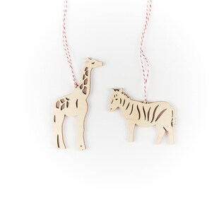 Jungle Giraffe Zebra Wooden Holiday Christmas Ornaments- Lasercut Birch Wood (set of 2)