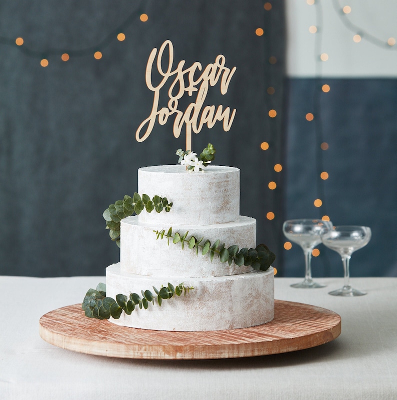 Custom Lasercut Wood Simple Script Cake Topper Customizable Names with Calligraphy Lettering image 1