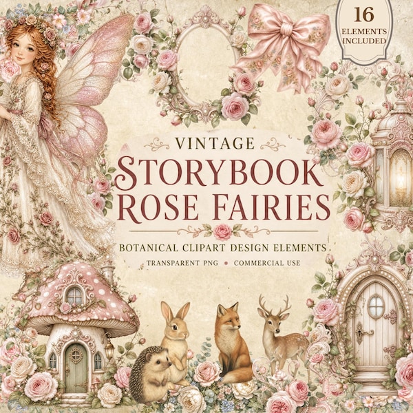 Paquete de imágenes prediseñadas de hadas rosas de cuentos vintage, animales del bosque estilo cottagecore, puerta de hadas con casa de setas, invitación de boda