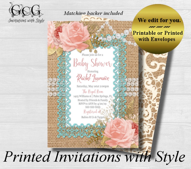 VINTAGE Baby Shower invitation with Pearls Printable Baby shower invite Shabby Chic Invitation Floral shower invite