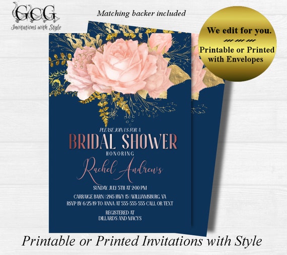 Rose Gold and Navy Bridal Shower invitations Pink Floral Wedding Shower Printed Shower invites with Envelopes Il_570xn