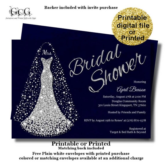 Navy Silver Bridal Shower Invitation Diamond Wedding Dress