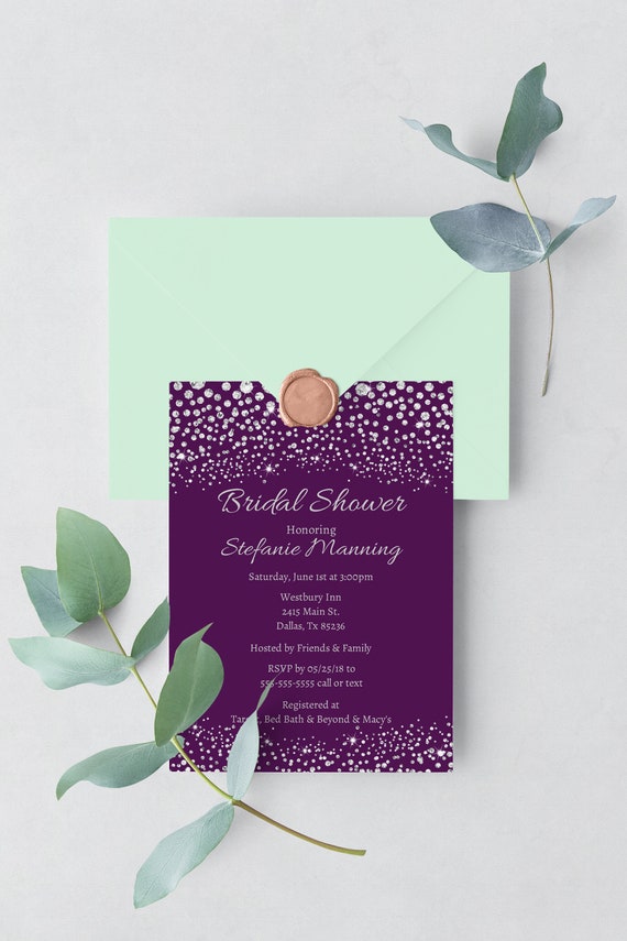 Purple Bridal Shower Invitation Template Instant download, Glam Shower Invite with Diamonds Il_570xn