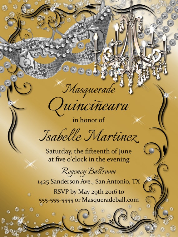 Chandelier Masquerade Gold Quinceanera Invitation//Sweet 16 Invitation, Sweet 15 Invite. Gold ...