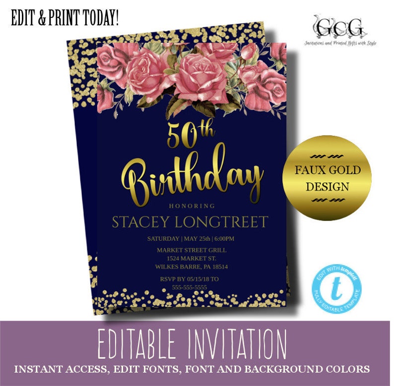 50th Birthday Invitation Women Instant Download Fiftieth Birthday Invite Diy Birthday Invitation Floral Birthday Invitation Rose Invite