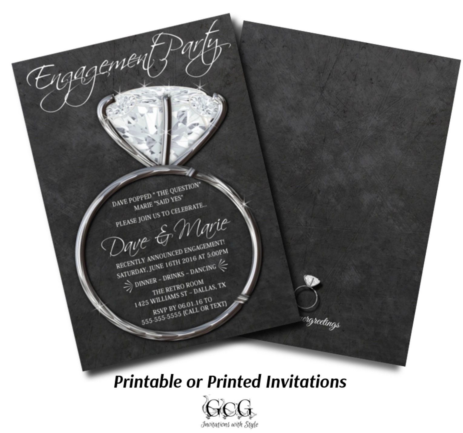Silver Engagement Ring Invitations Chalkboard Party invite Etsy