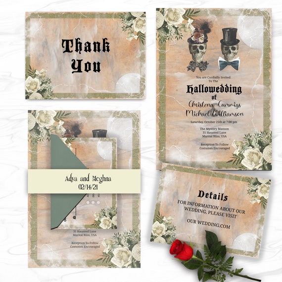 Halloween Wedding Invitation Template, Skull Couple, Digital Download, Il_570xn
