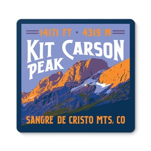 May include: A vintage-style illustration of Kit Carson Peak in the Sangre de Cristo Mountains, Colorado. The peak is 14,171 feet (4,319 meters) high. The illustration is in shades of blue, orange, and white.