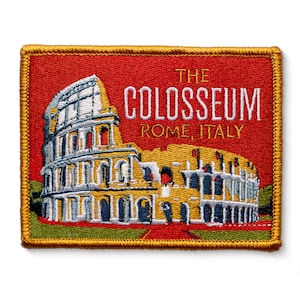 May include: A red and gold embroidered patch featuring the Colosseum in Rome, Italy. The text "THE COLOSSEUM ROME, ITALY" is embroidered in white.