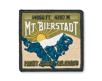 May include: Green embroidered patch with a mountain range, a sun, and the text "MT BIERSDADT" and "FRONT RANGE COLORADO". The text "14060 FT. 4287 M" is also included.