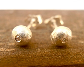 Pure Silver diamond Stud Earrings - Large nuggets Pure silver studs  - Pebbles diamond studs - round organic shape , custom made.