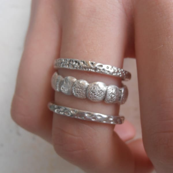 3 rings set, Jordan river rocks pebbles, hand carved sterling silver rings- 10 mm wide.