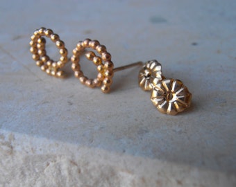 Spiral Gold Stud Earrings 9mm organic circles dotted spirals- 14K Yellow Gold Filled Handcrafted