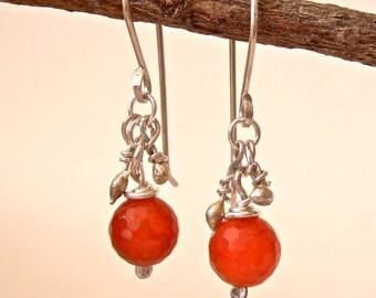 Bold statement red dangle earrings, melted silver petals, Sterling Silver -  one of a kind, handmade, unique earrings.