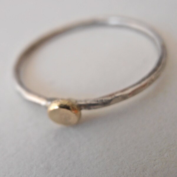 Silver / 14k large gold pebble stackable skinny ring,  14k 3mm pebble and Sterling silver made to order