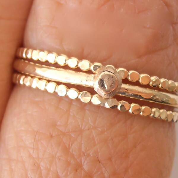 Bold Statement  3 stackable 14k GF rings / pure 14K gold nugget-   Hammered  soldered ring made to order