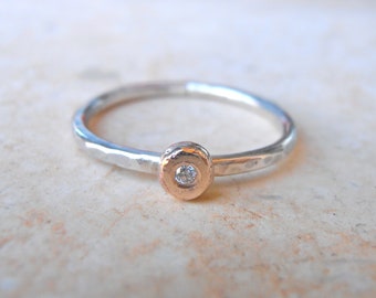 14K gold / diamond rustic pebble skinny sterling silver  ring - dainty stackable ring - made to order.