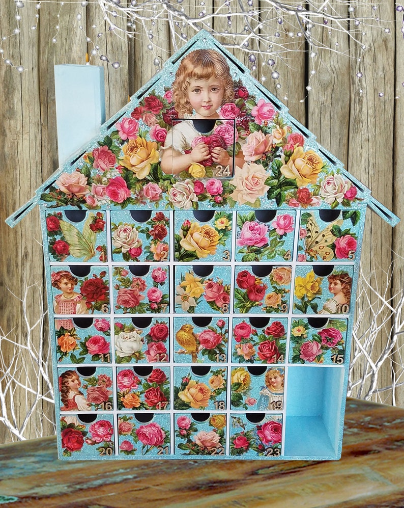 Flowers & Angels Blue Decoupage Wooden Advent Calendar Etsy