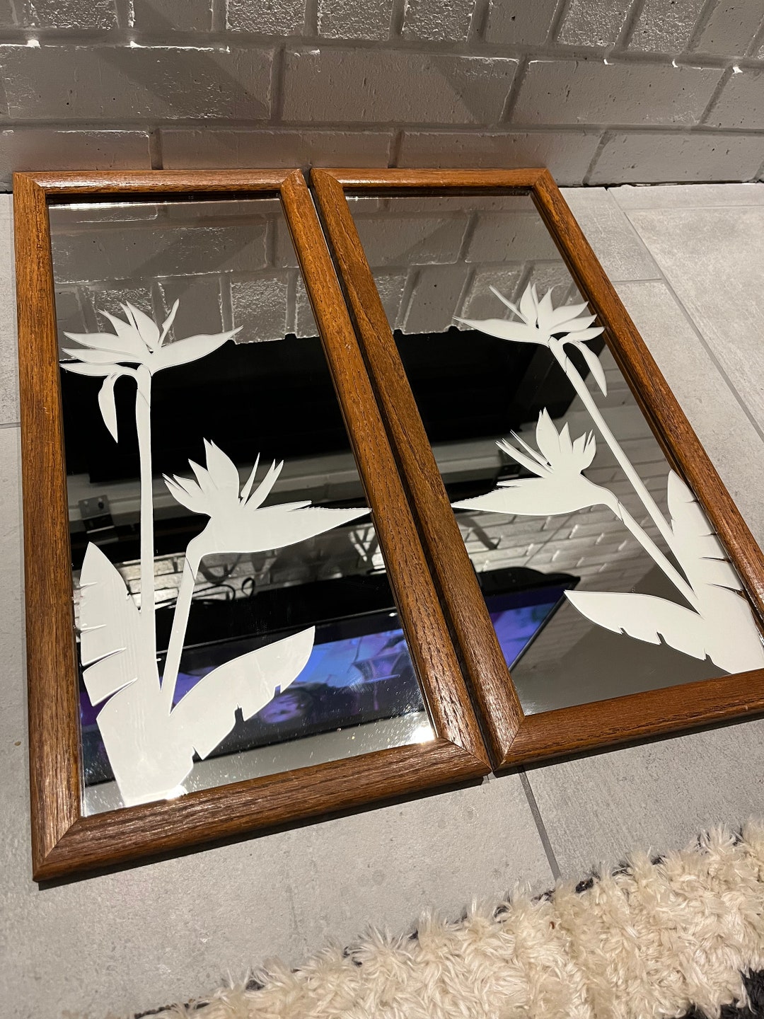 Pair of 1980s Frosted Glass Mirrors Birds of Paradise Etsy