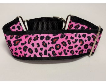 Whippet or greyhound two inch wide martingale collar. 2MC831 Hot Pink Cheetah