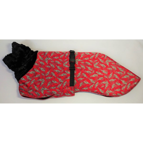 C3091 Whippet Coat in Medium or Large - Sitting Whippets on Red Minky Fabric