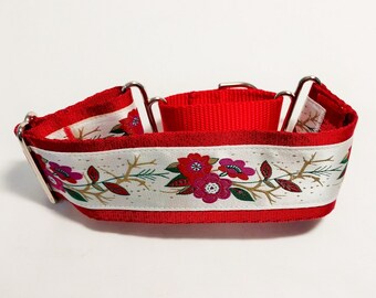 Whippet or greyhound two inch wide martingale collar. 2MC857 Exotic Flowers on White