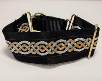 Whippet or greyhound two inch wide martingale collar. 2MC798 Silver and Gold Loops