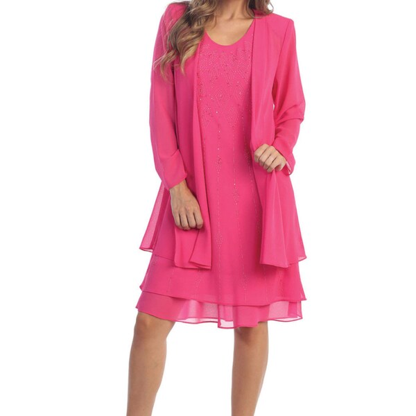 Fuchsia Plus Size Flowy Sheer Vest Knee Length Modest Short Mother of the Bride Dress