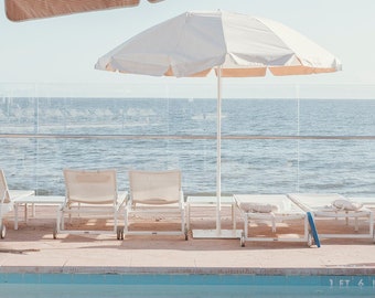 Pastel pool umbrella print, vintage beach wall art,California beach print, beach umbrella, pink and white print, Coral casino wall art
