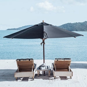 Beach Umbrella and deck chairs- Coastal print, Wateroutlook, beach print, hamilton island, poolside print, coastal blues print, queensland