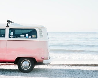 Beach kombi print, surfer wall art, boho beach wall art, pink VW combi, coastal print, California prints, girly surf print, travel print