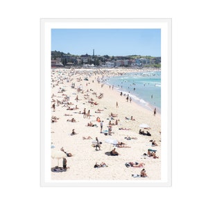 Bondi Beach Vertical beach print, blue sky beach poster, Bondi beach print,busy beach, beach people swimming poster, coastal ocean wall art image 2