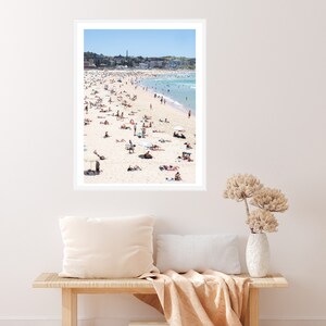 Bondi Beach Vertical beach print, blue sky beach poster, Bondi beach print,busy beach, beach people swimming poster, coastal ocean wall art image 3