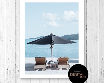 Beach Scene Print: Coastal Lounge Chairs, Ocean View (Digital Download)