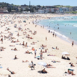 Bondi Beach Vertical beach print, blue sky beach poster, Bondi beach print,busy beach, beach people swimming poster, coastal ocean wall art image 1