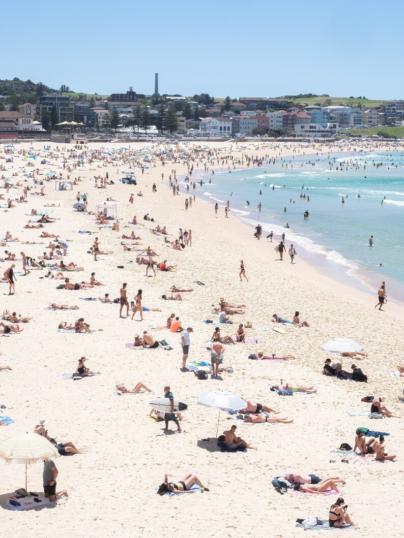 Bondi Beach Vertical beach print, blue sky beach poster, Bondi beach print,busy beach, beach people swimming poster, coastal ocean wall art image 1