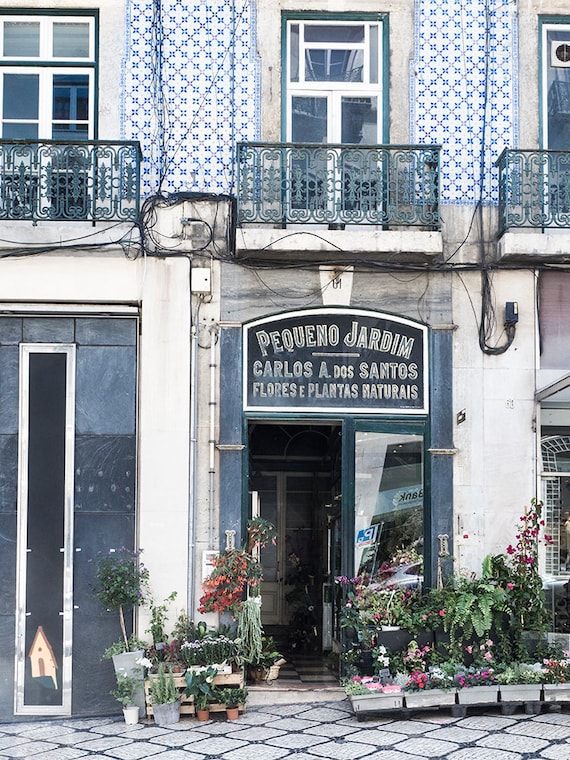 Florist print, Lisbon Photography, Lisbon Flower shop, travel print, street print, travel photography, blue and white print, florist shop