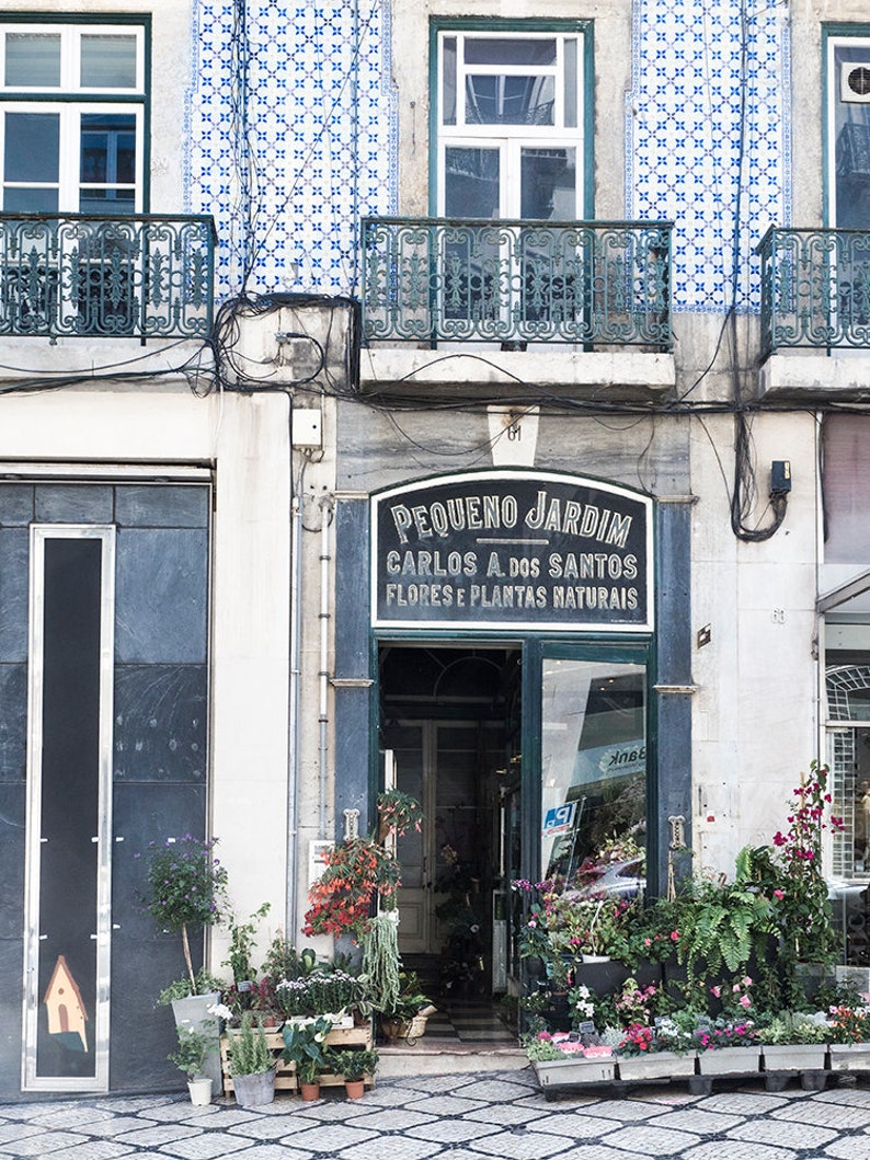 May include: A shop front with a sign that reads "Pequeno Jardim Carlos A dos Santos Flores e Plantas Naturais". The shop is full of plants and flowers.