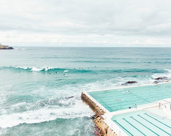 Bondi Beach Icebergs Pool Print, beach print, Bondi Beach moody print, Turquoise green beach print, Surf wall art, Bondi beach pool print