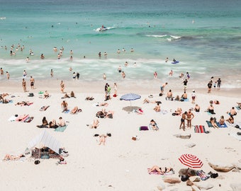 Beach people, Busy beach print, Bondi beach poster, Colourful bondi print,Beach sunbathers, beach photography, Sunbathers print,sydney beach