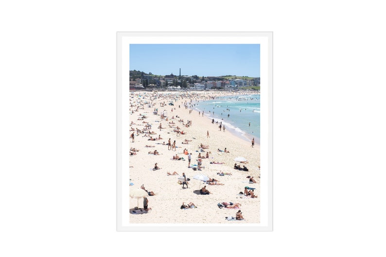 Bondi Beach Vertical beach print, blue sky beach poster, Bondi beach print,busy beach, beach people swimming poster, coastal ocean wall art image 2