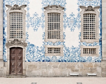 Portuguese Wall Art, Blue and white tiles, tiled building, Azulejo tiles, Porto print, Portugal Photography, Travel Print, blue and white