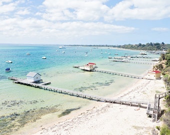 Mornington Peninsula Print, coastal boathouse print, hamptons wall art, light and bright coastal wall art, boathouse print, Portsea photo