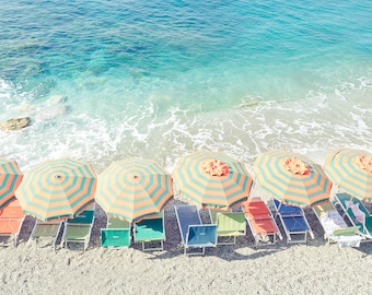 Cinque Terre beach Umbrella Print -Italian Colourful beach print, Monterosso beach, Pastel beach print, Cinque Terre, Italy wall art,