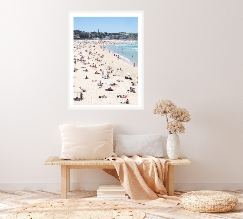 Bondi Beach Vertical beach print, blue sky beach poster, Bondi beach print,busy beach, beach people swimming poster, coastal ocean wall art image 3