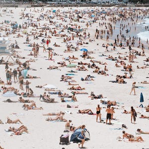bondi beach sunbathers, bondi print, busy beach print, lifeguard tower, sydney beaches, bondi canvas print, large beach print
